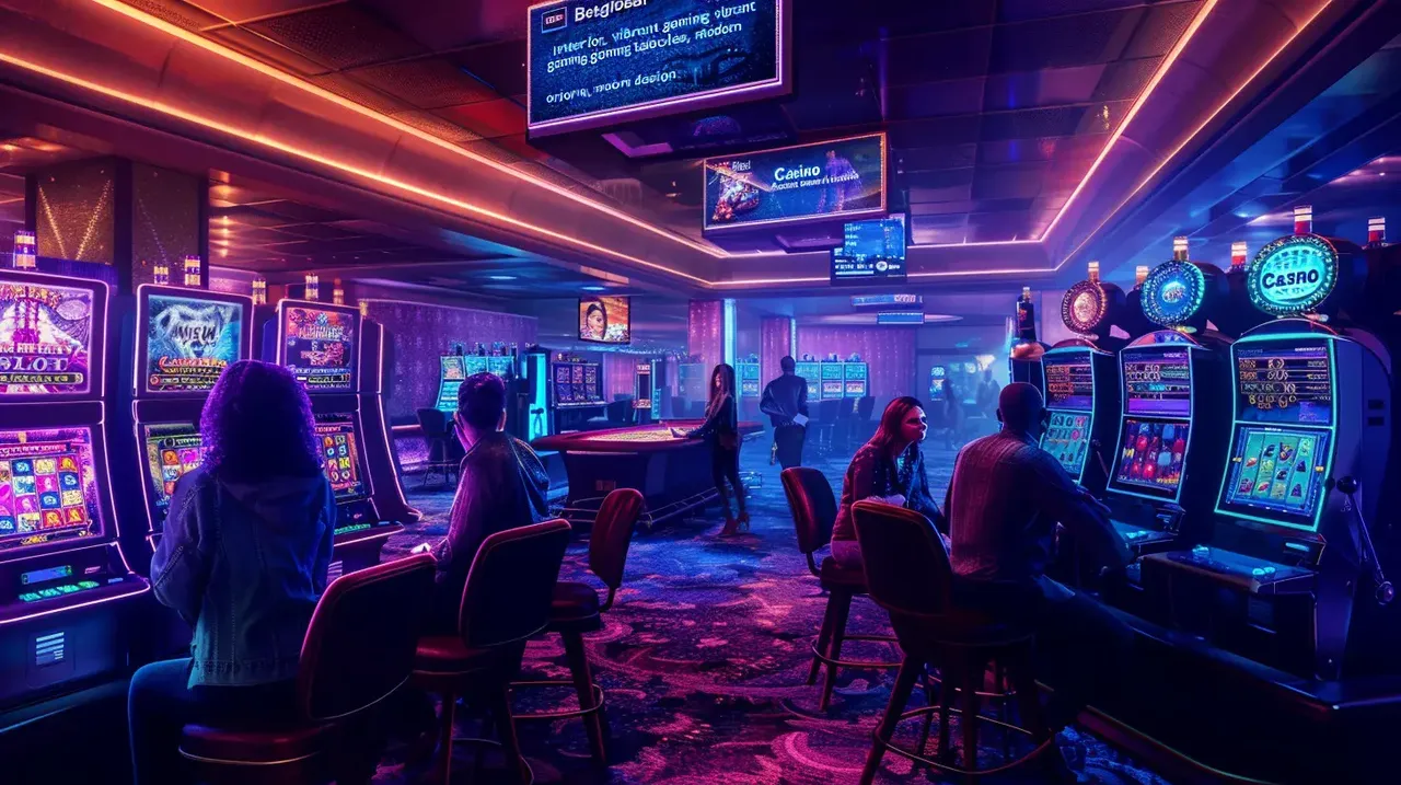 Interieur luxueux de casino en ligne avec machines a sous et tables de jeu